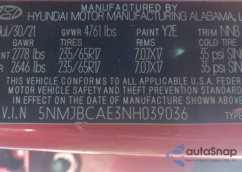 2022 Hyundai Tucson Sel из США, поврежденный, VIN 5NMJBCAE3NH039036